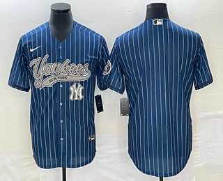 Mens New York Yankees Big Logo Navy Blue Pinstripe Cool Base Stitched Baseball Jerseys
